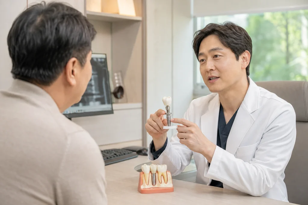 상담 서류와 계산기로 치료 항목을 확인하는 모습